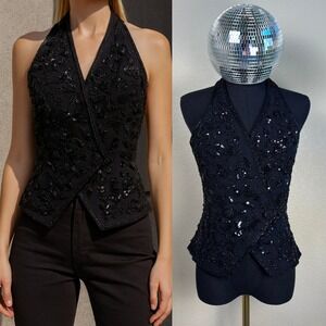 VINTAGE Peak by Starlink Black Beaded Sequin Halter Top, Size 8, Evening Glamour